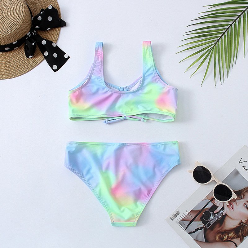 Girls' split swimsuit tie-dye colorful bikini sleeveless beachwear 2024 teen hot sexy bikini young girl swimwear suppliers