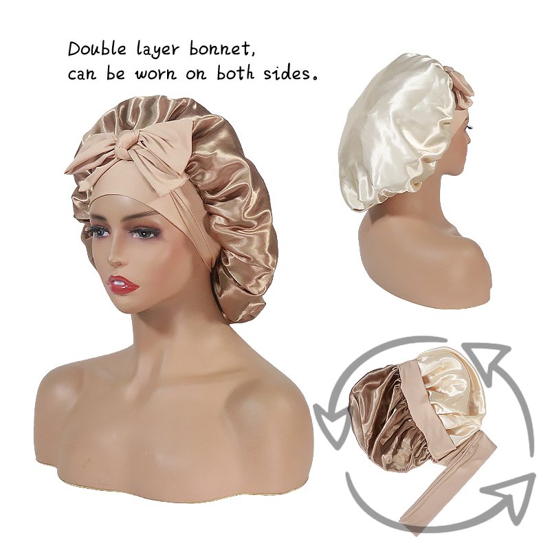 Bonnet with Tie Band Silk Satin Bonnet t for Sleeping Women Hair Bonnet Double Layer for Curly Hair Braids