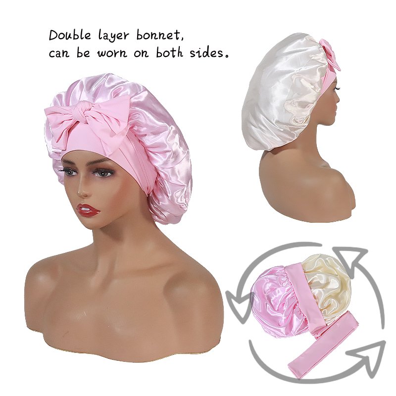 Bonnet with Tie Band Silk Satin Bonnet t for Sleeping Women Hair Bonnet Double Layer for Curly Hair Braids
