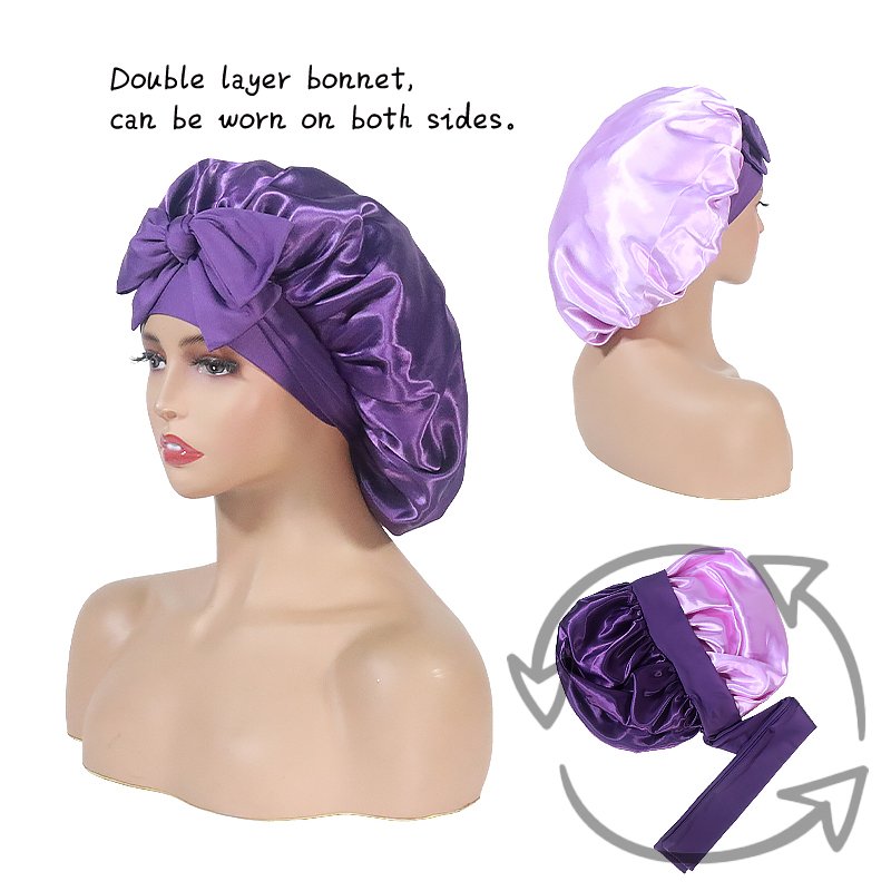 Bonnet with Tie Band Silk Satin Bonnet t for Sleeping Women Hair Bonnet Double Layer for Curly Hair Braids
