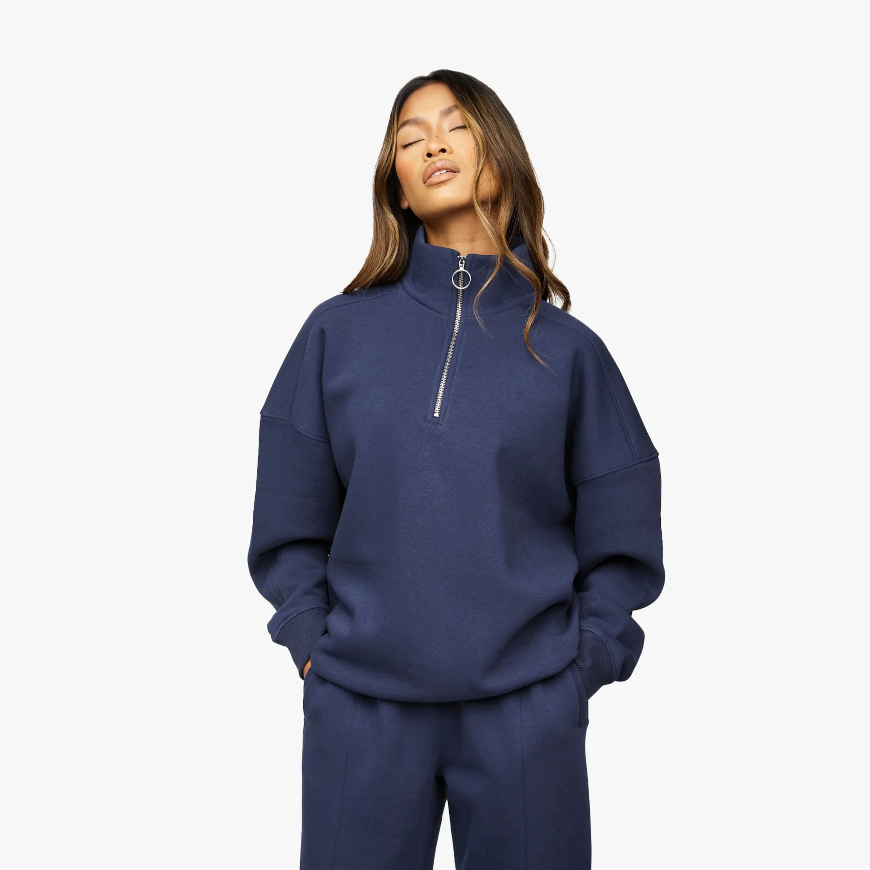 65% Cotton 35% Polyester Navy Blue Athletics Club 1/4 Zip Funnel Women's Cropped Tracksuit Breathable
