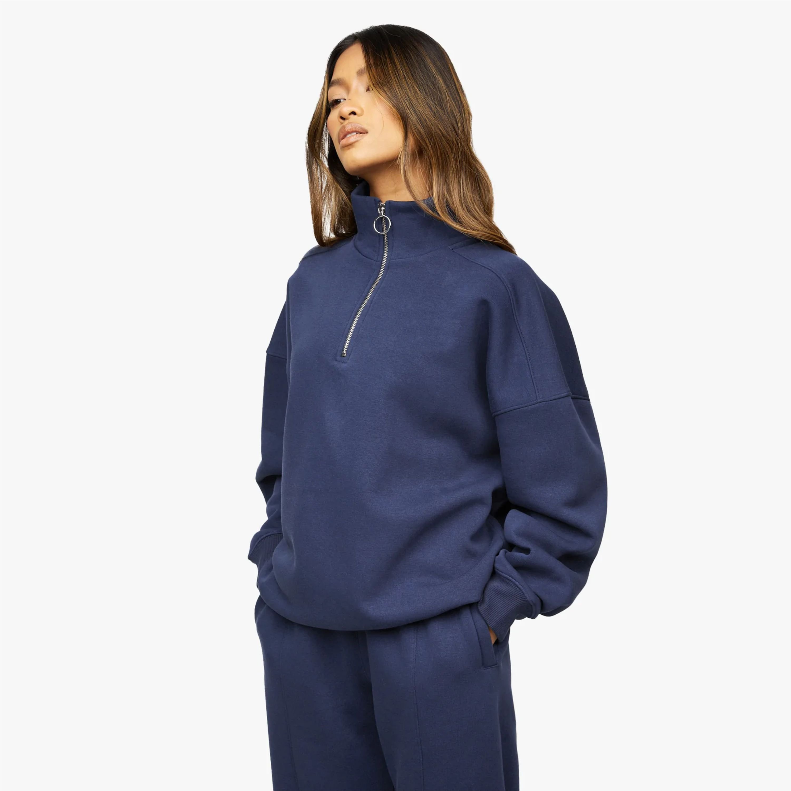 65% Cotton 35% Polyester Navy Blue Athletics Club 1/4 Zip Funnel Women's Cropped Tracksuit Breathable