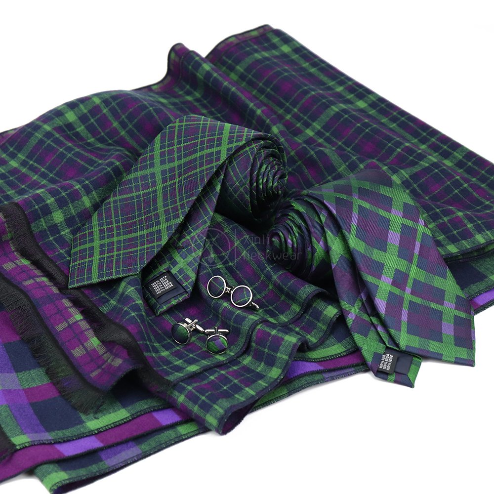 Silk Tartan Green Purple Tie Set Mens Fabric Cuff Link And Accessories Viscose Scarves Necktie Sets For Men