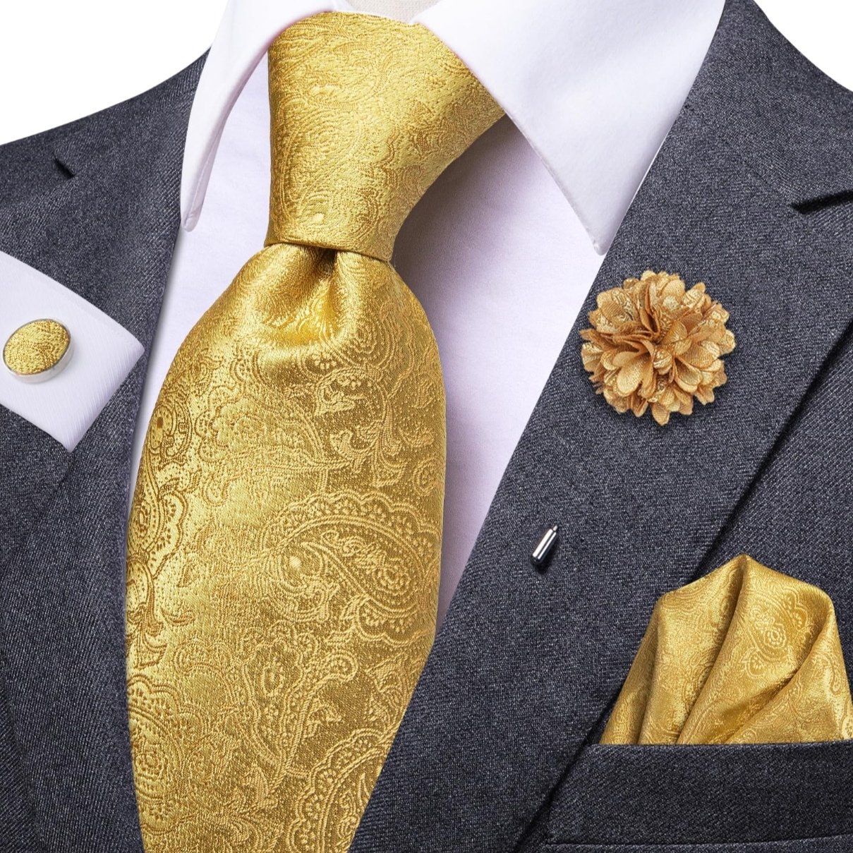 100% Pure Silk Weave Woven Jacquard Yellow Tie And hanky and Cuff-link And Pin Necktie Customization For Men Classic Ties