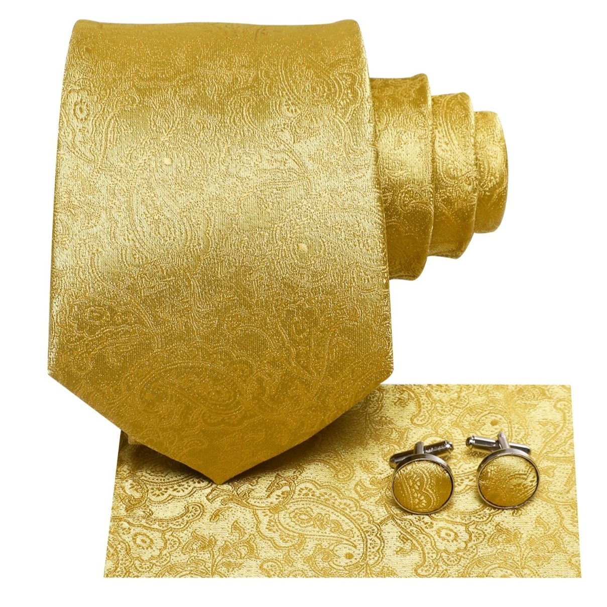 100% Pure Silk Weave Woven Jacquard Yellow Tie And hanky and Cuff-link And Pin Necktie Customization For Men Classic Ties