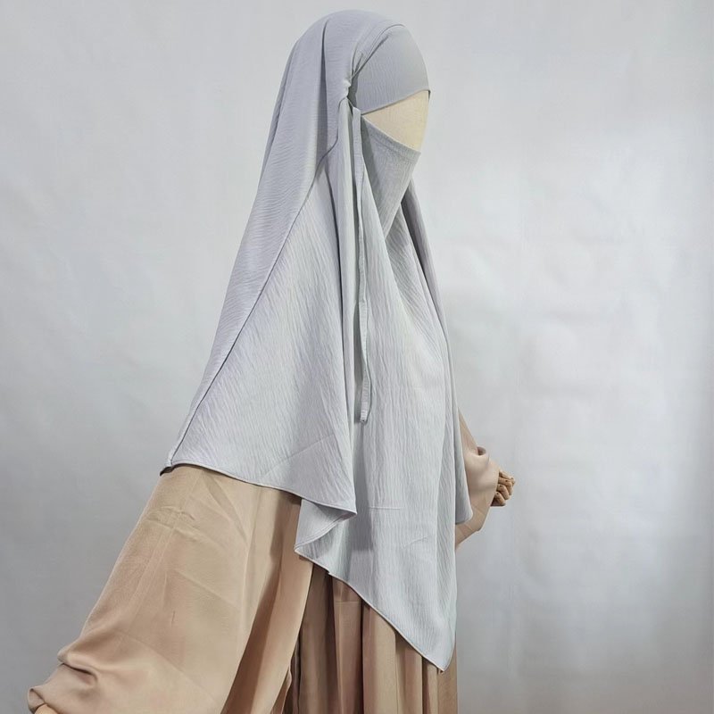 One Layer Jazz Khimar with Niqab Straps Ramadan Islamic Tie Back Overhead Prayer Scarf Wholesale Women Muslim Crepe Long Hijab