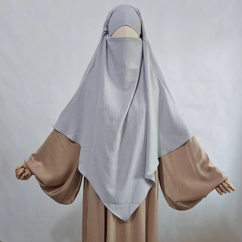 One Layer Jazz Khimar with Niqab Straps Ramadan Islamic Tie Back Overhead Prayer Scarf Wholesale Women Muslim Crepe Long Hijab