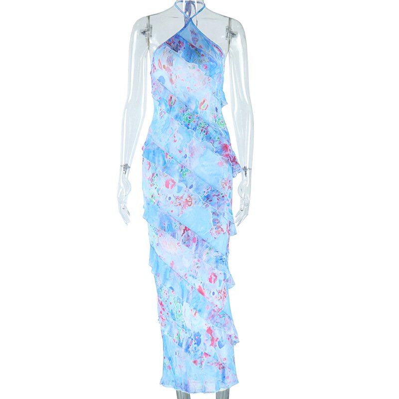 Sexy tie-dyed Print buttock short Women Club Spaghetti Bandage tube top Backless dresses