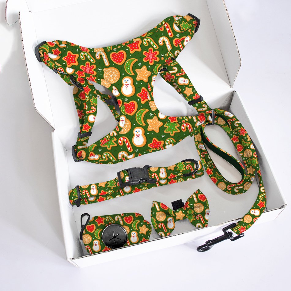 Neoprene soft padded Dog harness set custom Christmas design printed Mesh Harness Bow Tie and Bandana Set