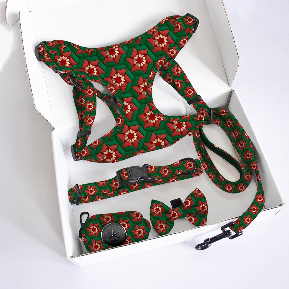 Neoprene soft padded Dog harness set custom Christmas design printed Mesh Harness Bow Tie and Bandana Set