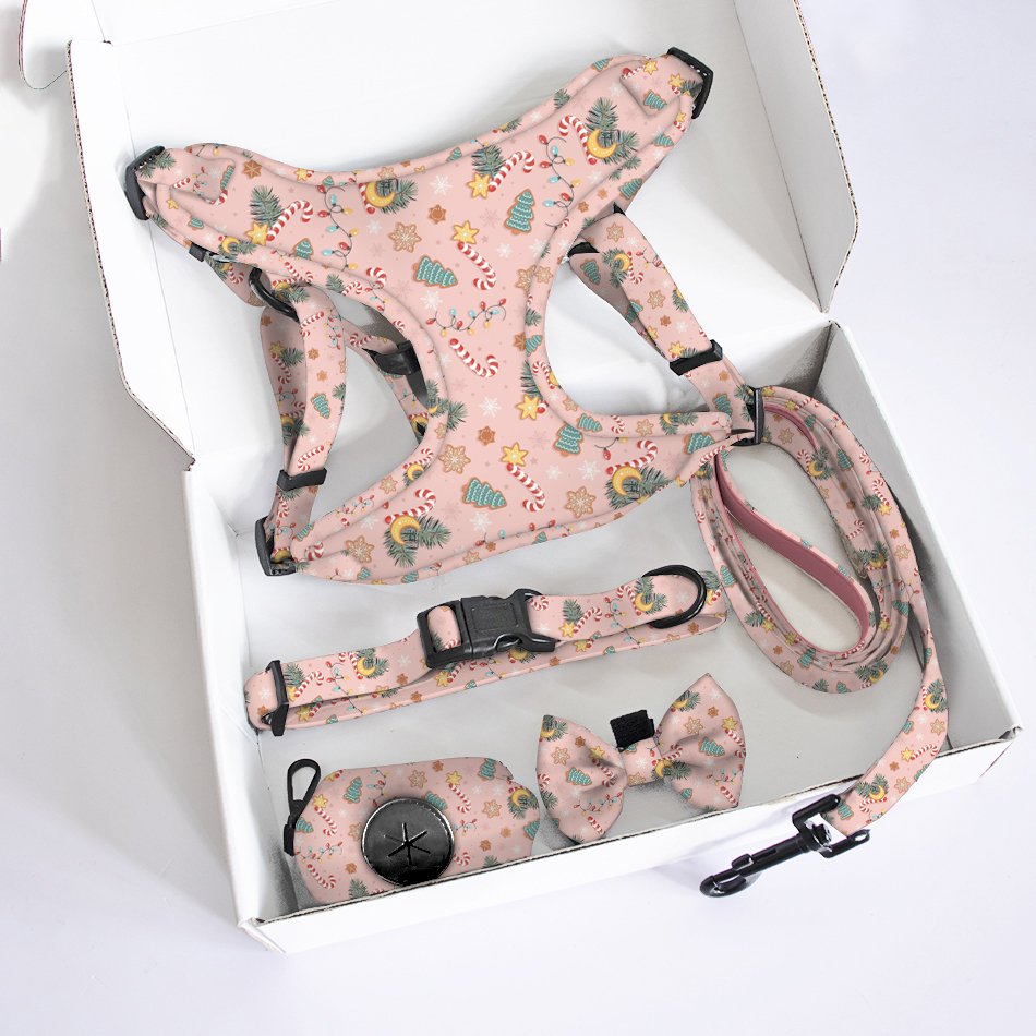 Neoprene soft padded Dog harness set custom Christmas design printed Mesh Harness Bow Tie and Bandana Set