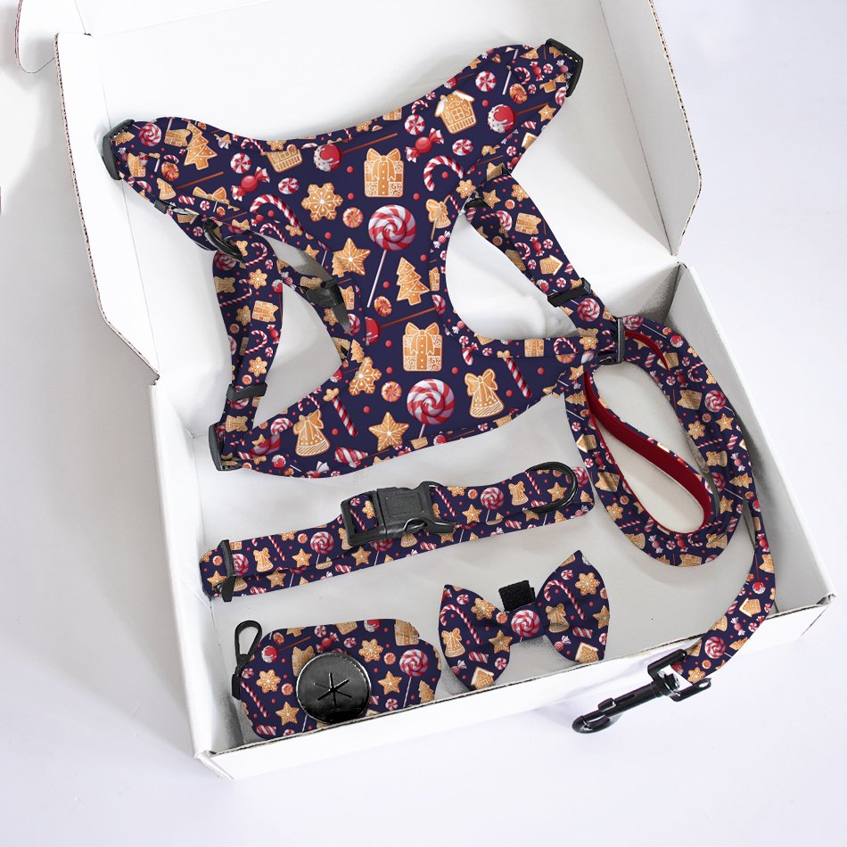 Neoprene soft padded Dog harness set custom Christmas design printed Mesh Harness Bow Tie and Bandana Set