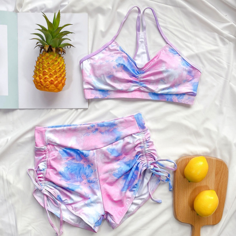 New Design Push Up Swimsuit Swimwear Beach Wear Women's 2 Piece Suit Tie Dye High Waist Shorts Bikini Set
