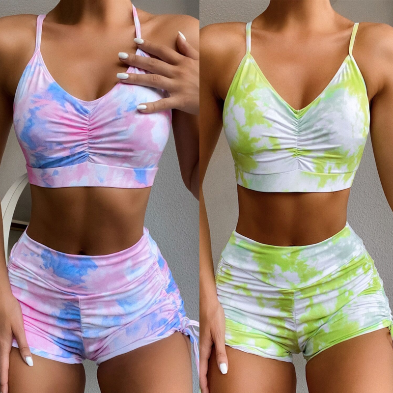 New Design Push Up Swimsuit Swimwear Beach Wear Women's 2 Piece Suit Tie Dye High Waist Shorts Bikini Set