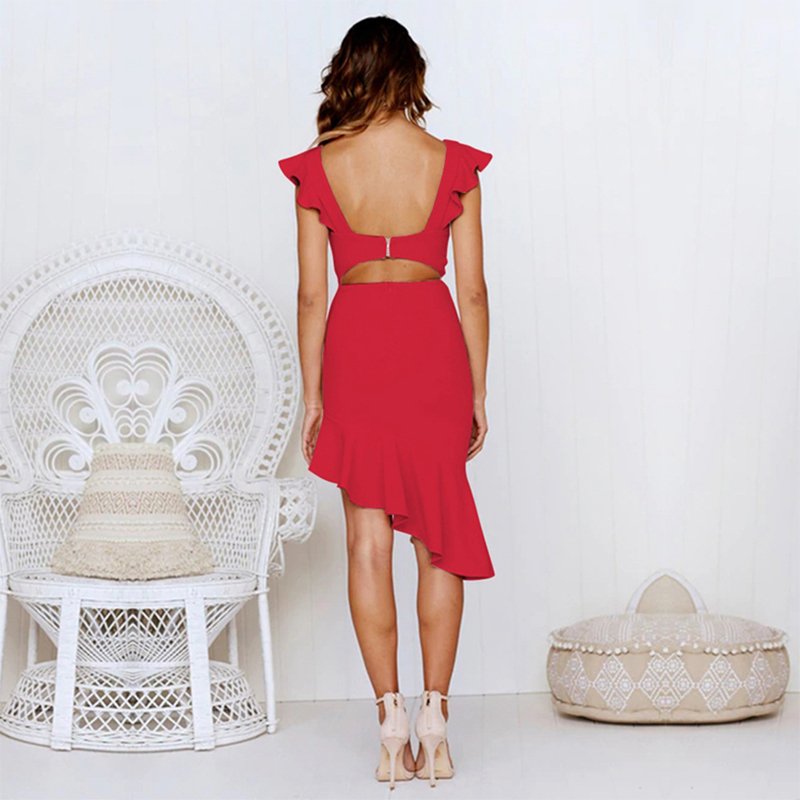 High Quality Summer V Neck Ruffle Long Sleeve Casual Irregular Sexy Bodycon Midi Sexy Dress Women