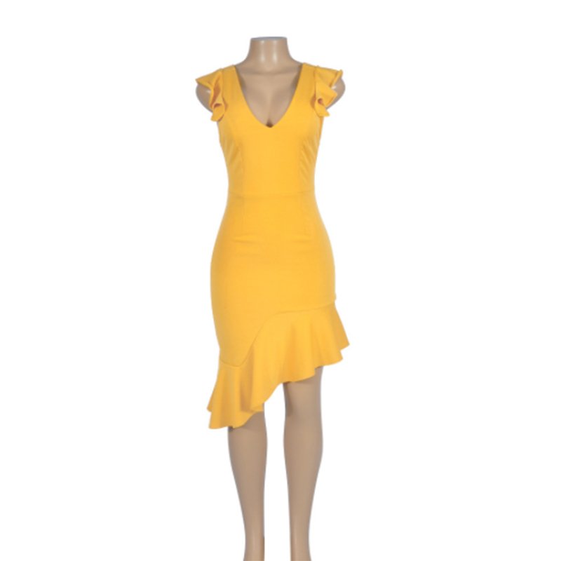 High Quality Summer V Neck Ruffle Long Sleeve Casual Irregular Sexy Bodycon Midi Sexy Dress Women