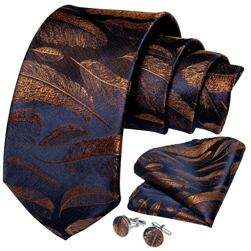 Hi-Tie Wholesale Custom Design Dark Blue Gold Mens Neckties with Pocket Square Silk Ties for Men