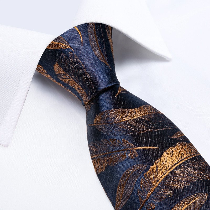 Hi-Tie Wholesale Custom Design Dark Blue Gold Mens Neckties with Pocket Square Silk Ties for Men
