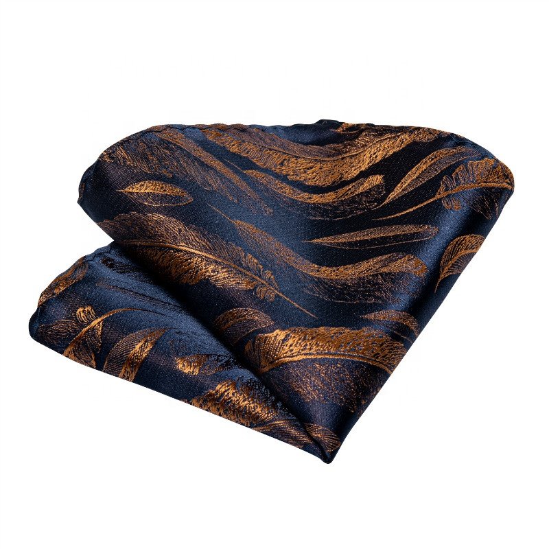 Hi-Tie Wholesale Custom Design Dark Blue Gold Mens Neckties with Pocket Square Silk Ties for Men