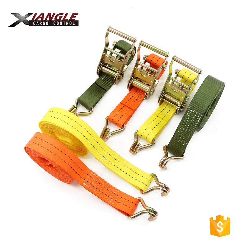 1.5'' 38mm 2ton capacity cargo lashing ratchet tie down orange and yellow straps with double J hooks for pallet safety used