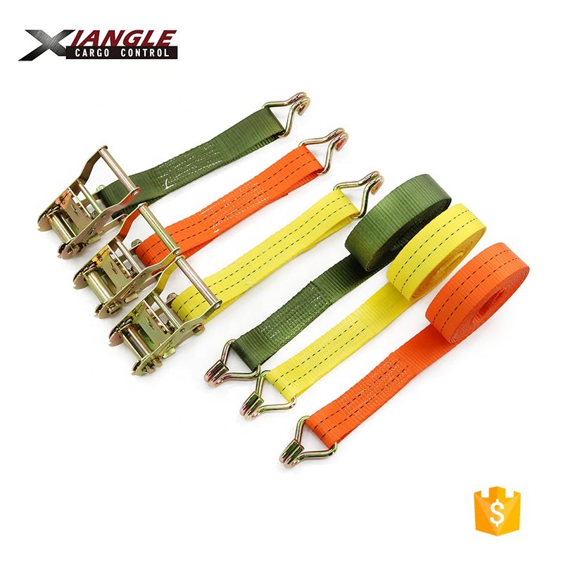 1.5'' 38mm 2ton capacity cargo lashing ratchet tie down orange and yellow straps with double J hooks for pallet safety used