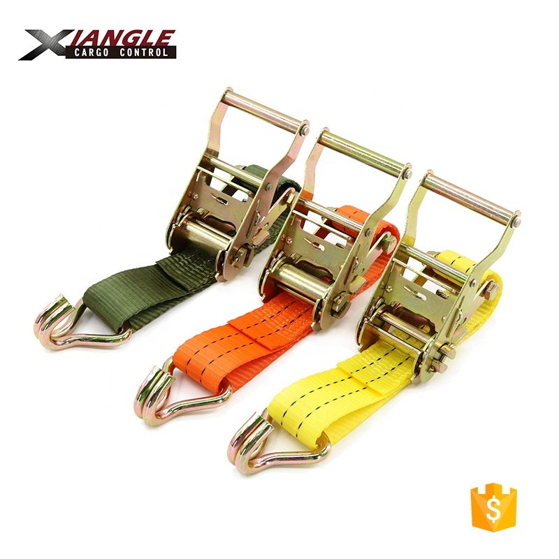 1.5'' 38mm 2ton capacity cargo lashing ratchet tie down orange and yellow straps with double J hooks for pallet safety used