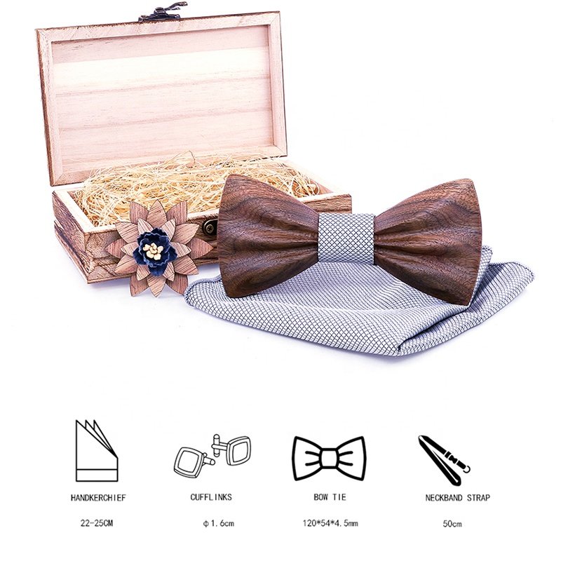 wholesale creative design 3D wood bow tie hanky brooch gift box set for party