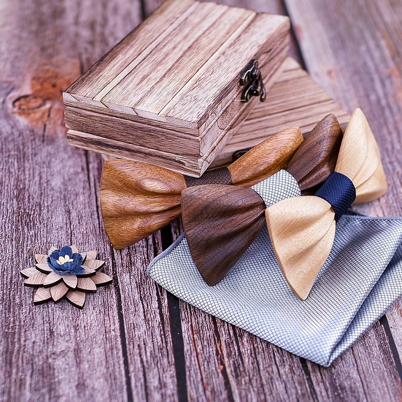 wholesale creative design 3D wood bow tie hanky brooch gift box set for party