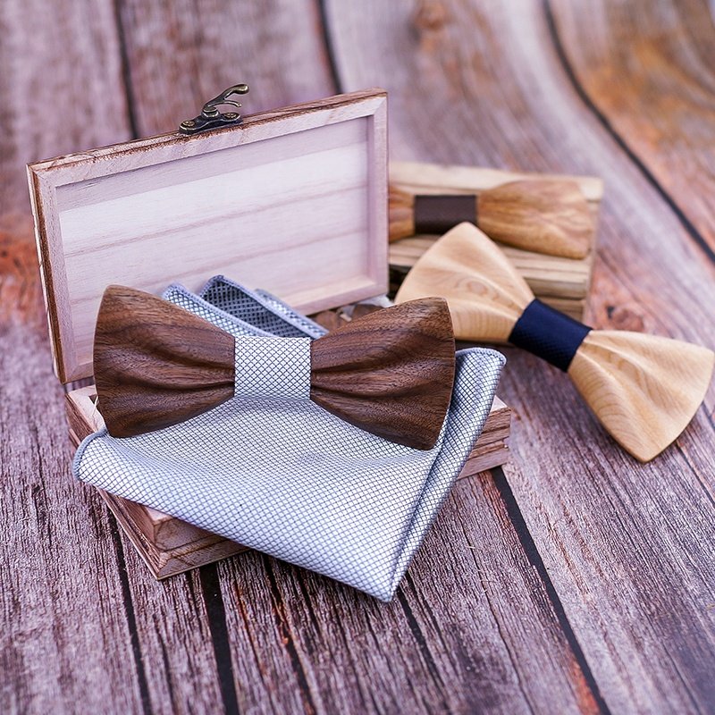 wholesale creative design 3D wood bow tie hanky brooch gift box set for party