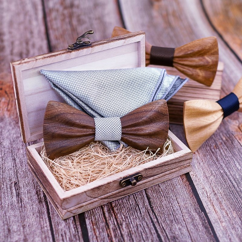 wholesale creative design 3D wood bow tie hanky brooch gift box set for party