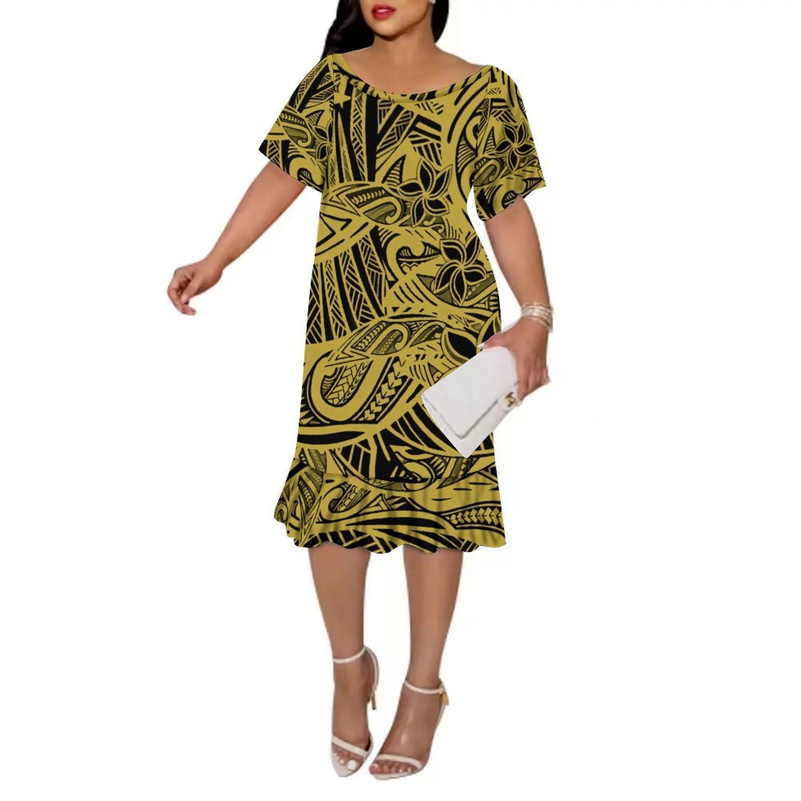 High Quality Custom Womens Midi Pleated Casual Dress Plus Size Womens Mermaid Dress Polynesian Clothing Female Vestidos 8XL