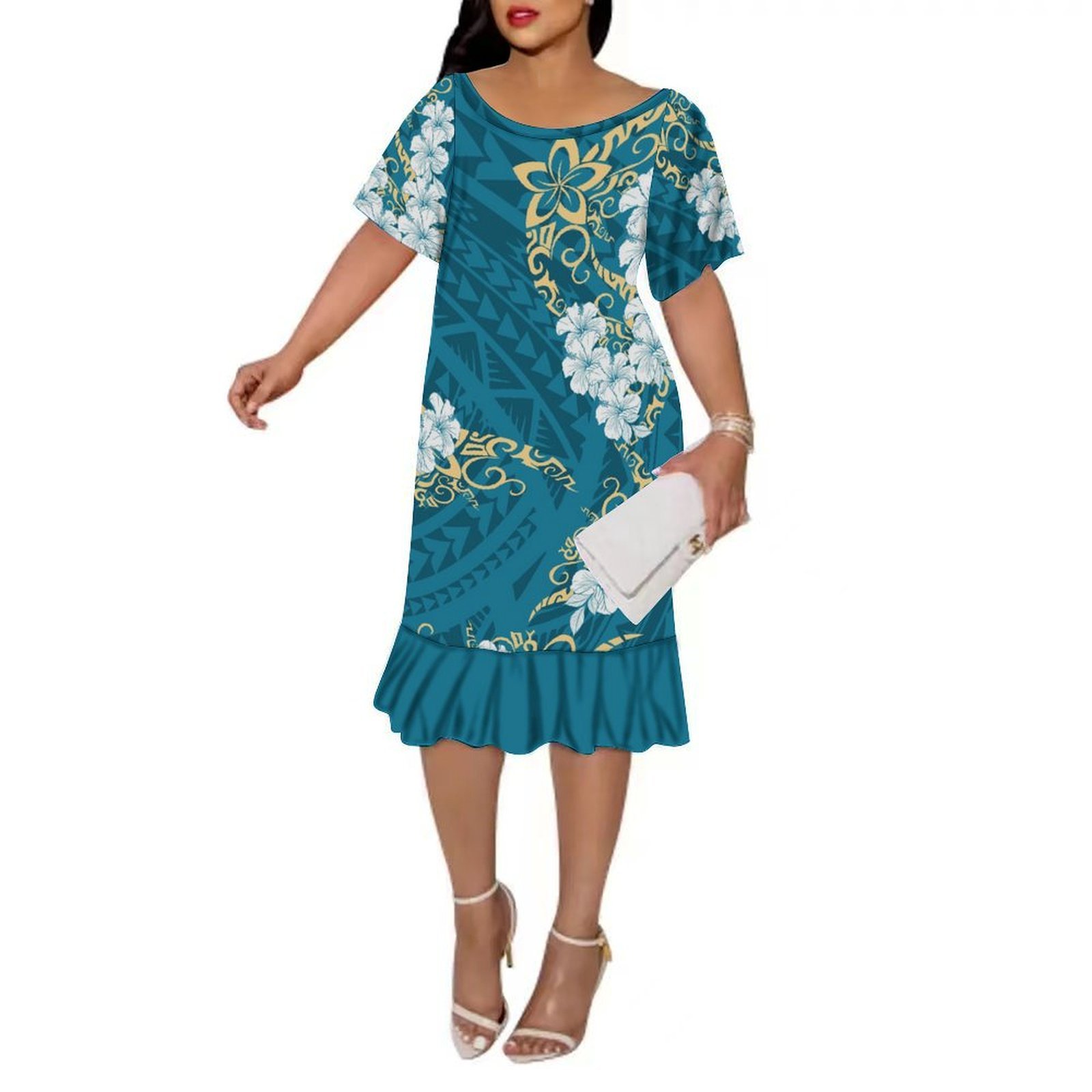 High Quality Custom Womens Midi Pleated Casual Dress Plus Size Womens Mermaid Dress Polynesian Clothing Female Vestidos 8XL