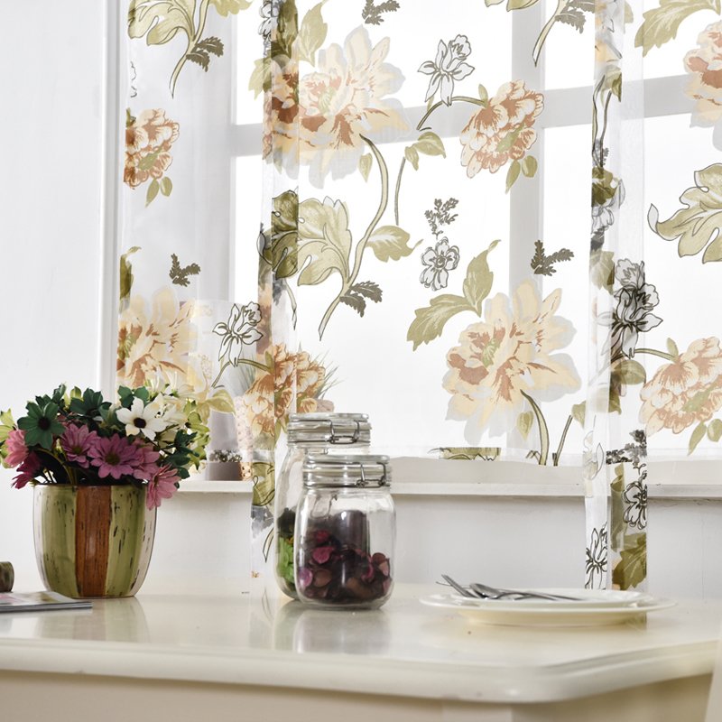 Sheer Tie Up Curtain Floral Kitchen Window Small Rod Pocket Balloon Curtains for Windows Roman Curtain 100x160cm