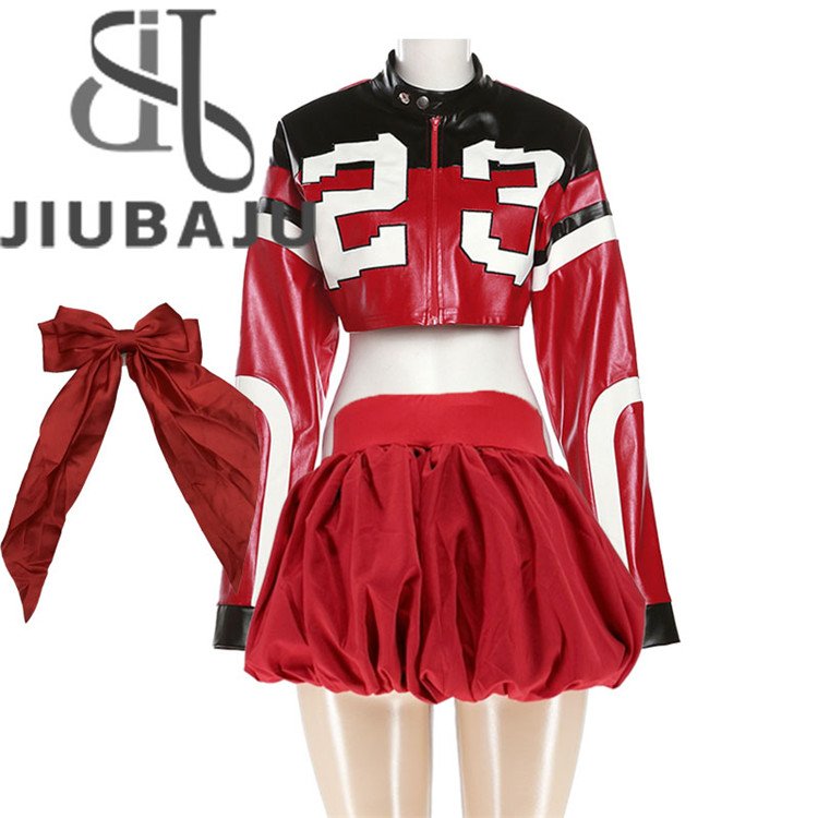 Women 3 Piece Set Cool Girls Leather Patchwork Zip Jacket+Bow Tie Hairclip+Bubble Skirts Locomotive Streetwear Suits