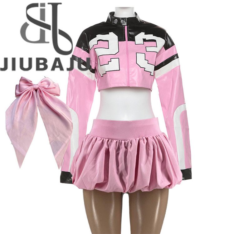 Women 3 Piece Set Cool Girls Leather Patchwork Zip Jacket+Bow Tie Hairclip+Bubble Skirts Locomotive Streetwear Suits