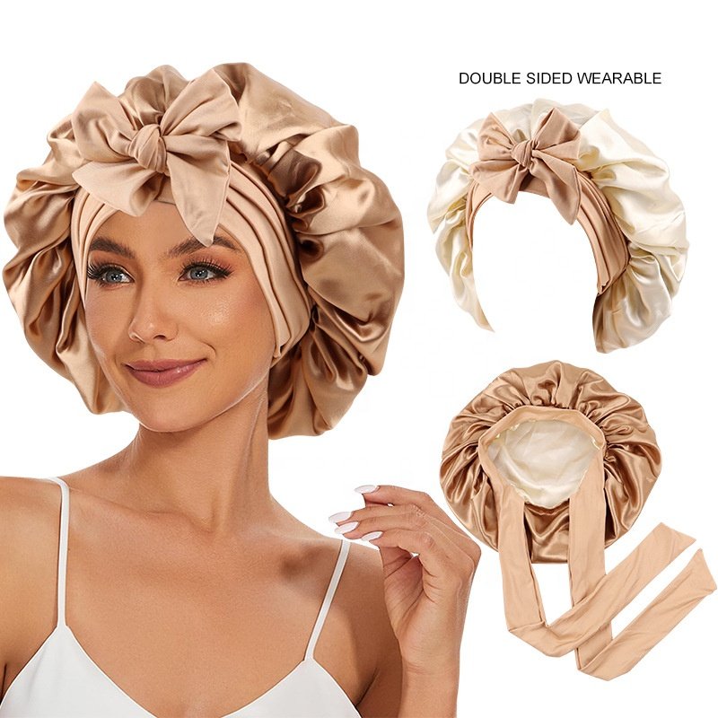 WD-A1268 Satin Silk Bonnet for Sleeping Double Layer Satin Lined Hair Bonnet with Tie Band Bonnets for Women