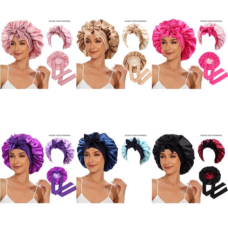 WD-A1268 Satin Silk Bonnet for Sleeping Double Layer Satin Lined Hair Bonnet with Tie Band Bonnets for Women