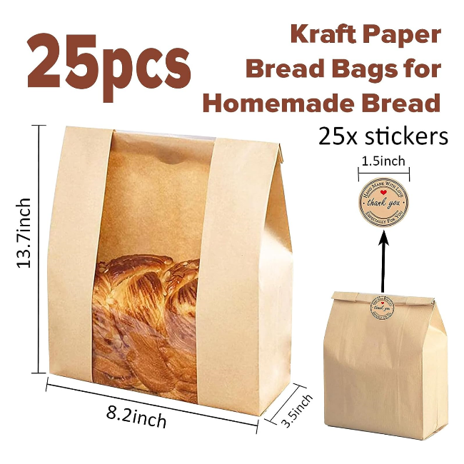 Custom Bakery Bread Kraft Paper Bag with Tin Tie Tab Kraft Paper Bag with Clear Window Toast Paper Bags with Your Own Logo