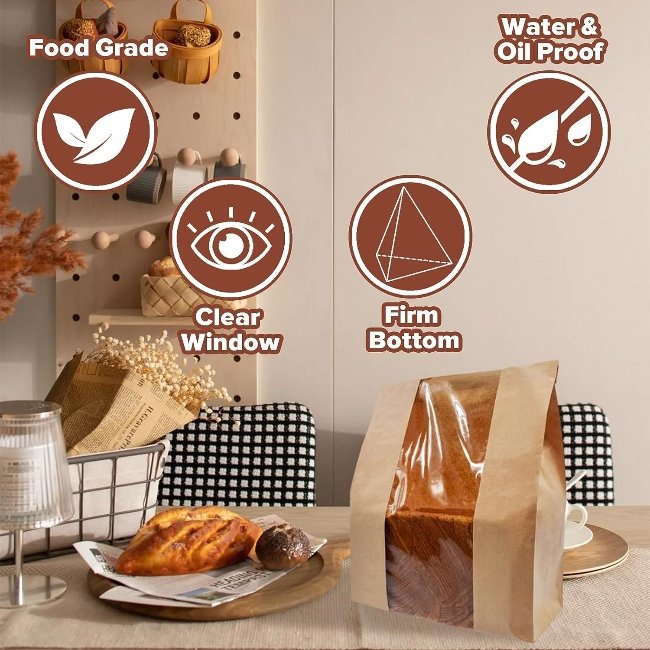Custom Bakery Bread Kraft Paper Bag with Tin Tie Tab Kraft Paper Bag with Clear Window Toast Paper Bags with Your Own Logo