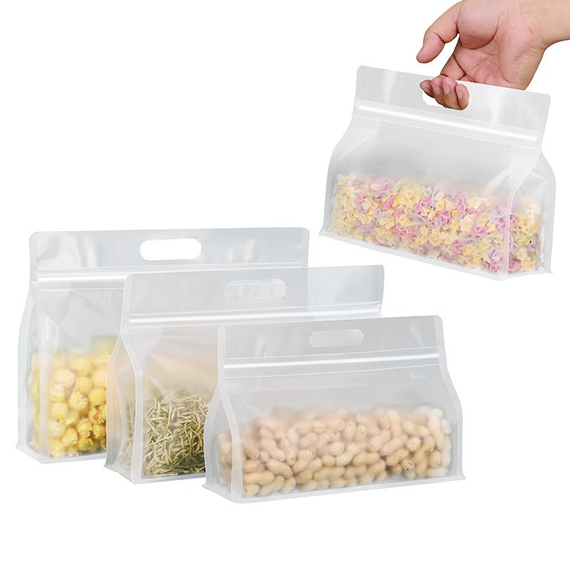 In Stock Frosted Matte Transparent Eight Side Seal Flat Bottom Pouch for Food Storage Packaging with Handle Zipper