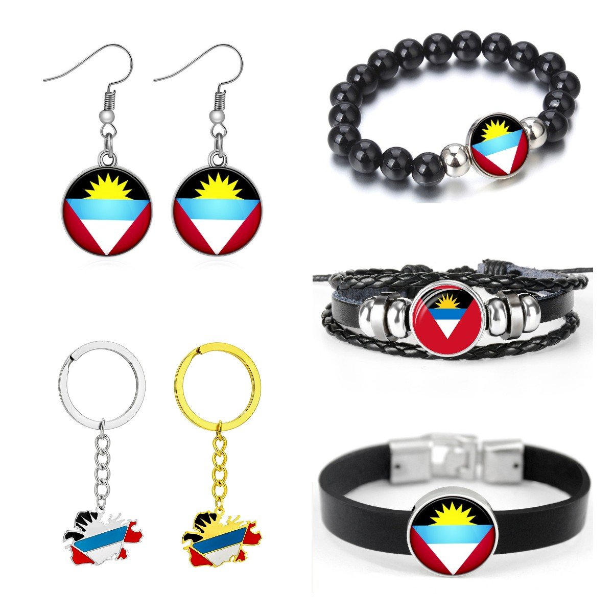 60 Models AG Antigua and Barbuda Flag Tie Clip Lapel Pin Ring Brooch Cuff Link Necklace Bracelet Earrings Key Chain Jewelry Set