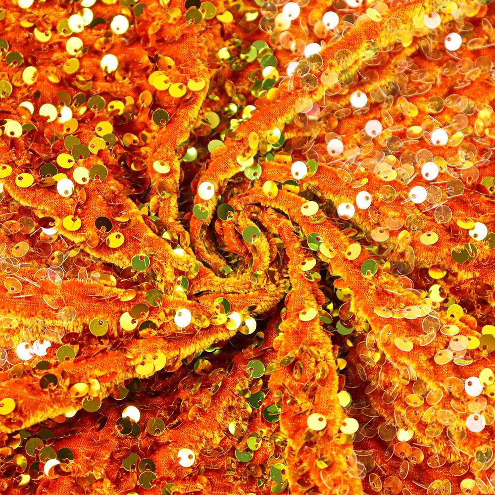 Hot Sale Stock Shiny Orange Glitter Sequin Lace Fabric Stretch Sequin Velvet Fabric For Fashion Dress
