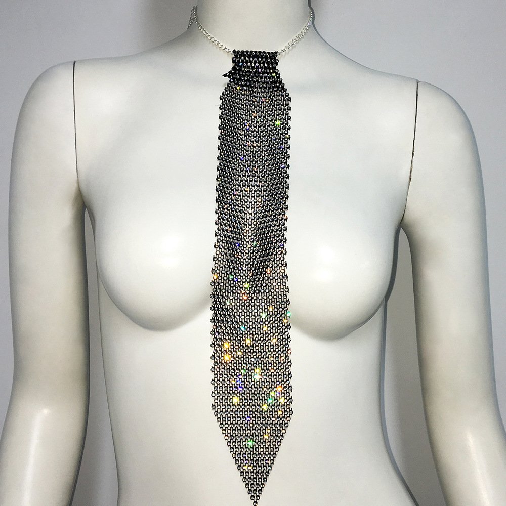 Personality rhinestone mesh hipster tie European and American fashion multi-row fishing net diamond nightclub spice girl tie