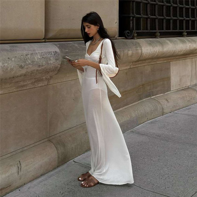 FUDA D144 New Women's Sexy Fashion Lace-Up Hollow Slim Long-Sleeved Solid Color 3-Piece Set sexy V-neck Hip Tie Dress