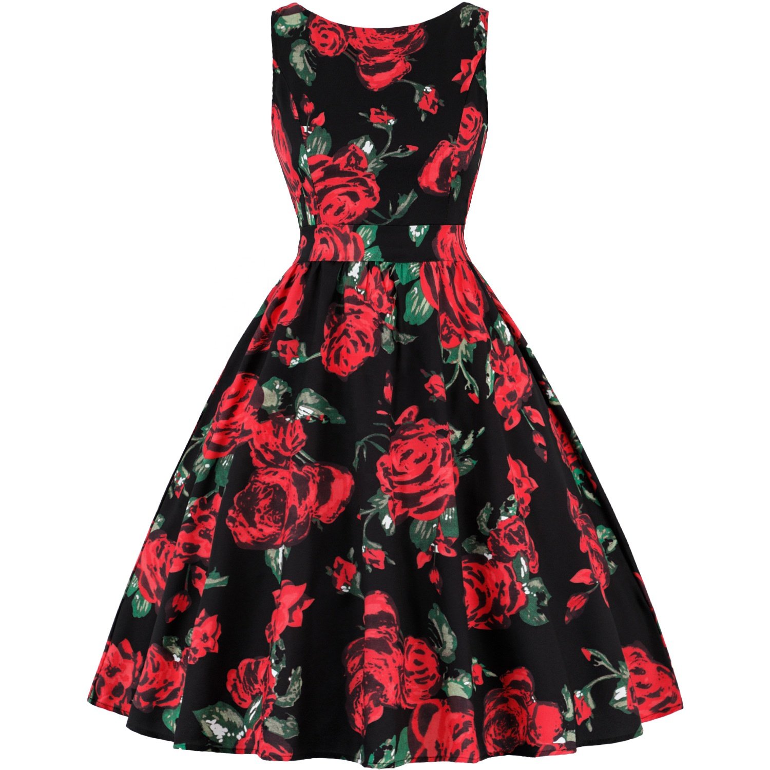 Instyle Rockabilly Dress Retro Women Summer O-neck Sleeveless Flower Print Robe 60s 50s