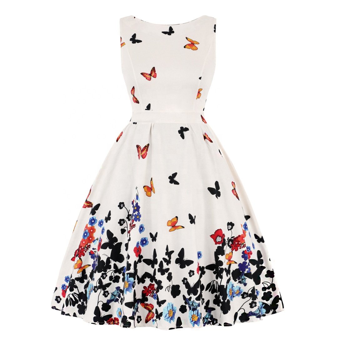 Instyle Rockabilly Dress Retro Women Summer O-neck Sleeveless Flower Print Robe 60s 50s