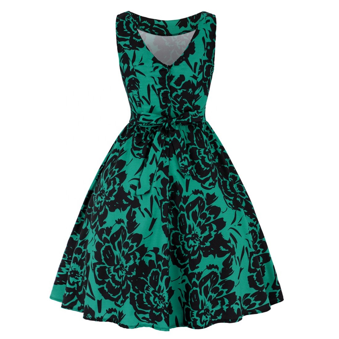 Instyle Rockabilly Dress Retro Women Summer O-neck Sleeveless Flower Print Robe 60s 50s
