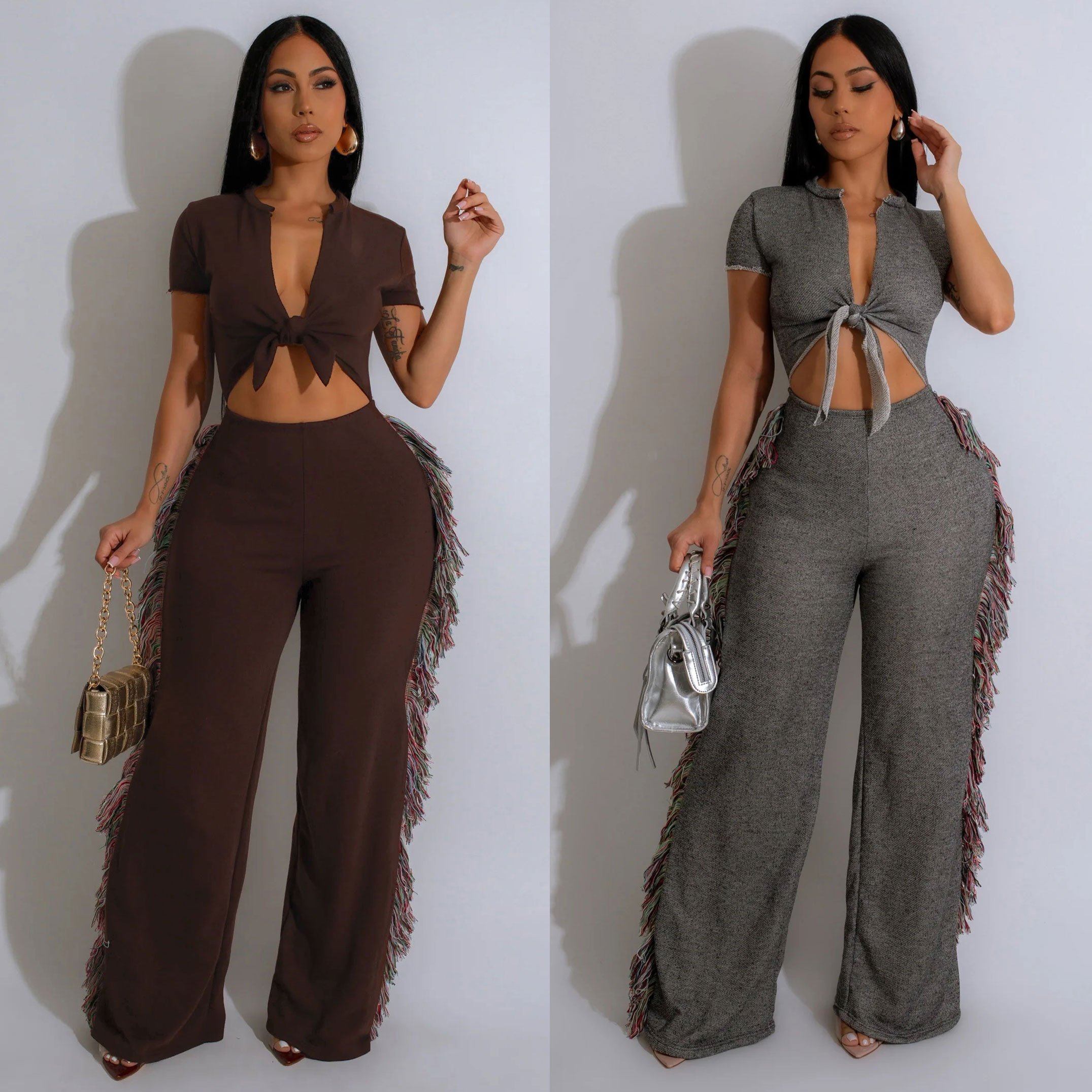 New fall casual stretch tassel two pieces pants set with tie up crop top t shirt and wide leg pants