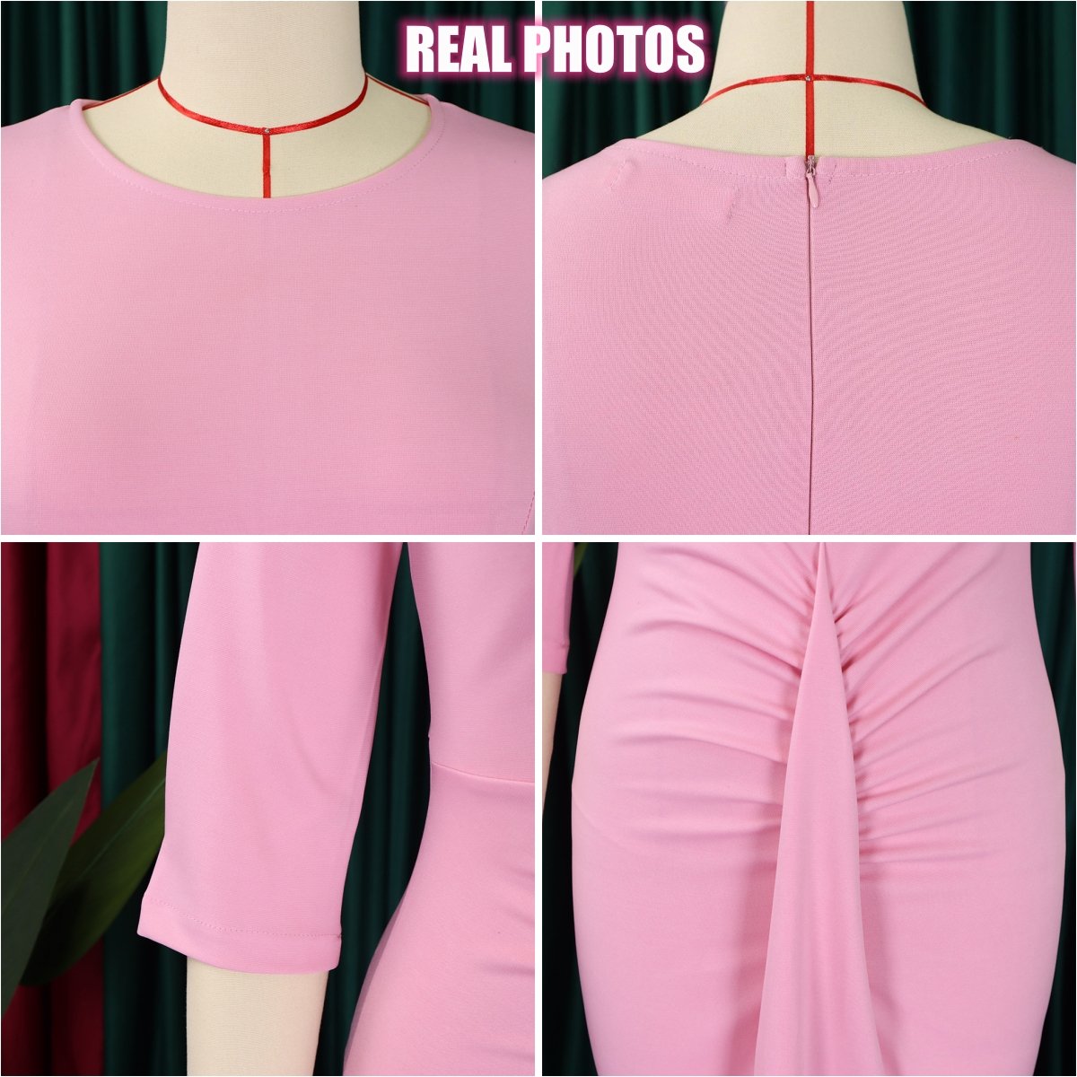New Women Pleated Pencil Dress Three Quarter Sleeve Solid Midi Slim Dress Solid Office Lady Elegant Dresses