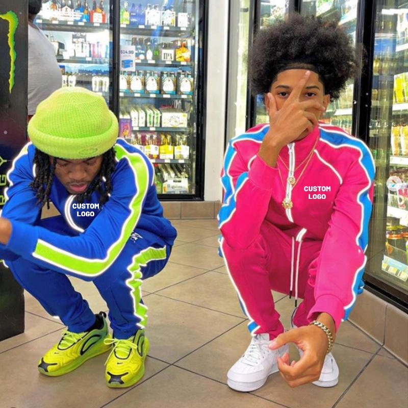 100polyester full zip up jogger set custom reflective tracksuit men